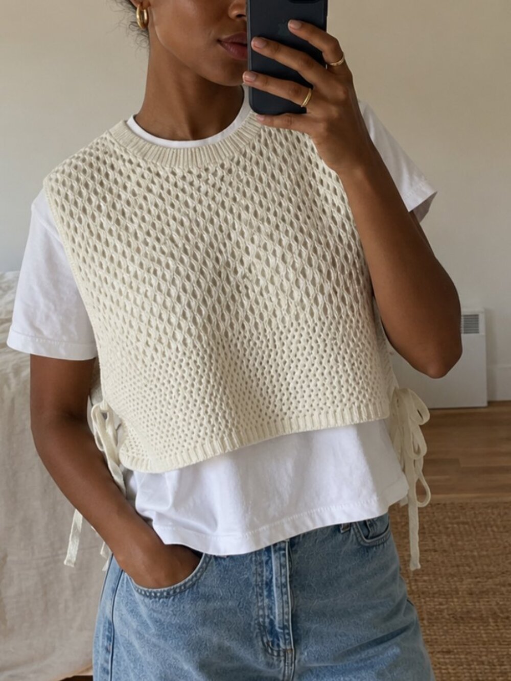 Zara White Festival Tricot Vest T-Shirt sz S